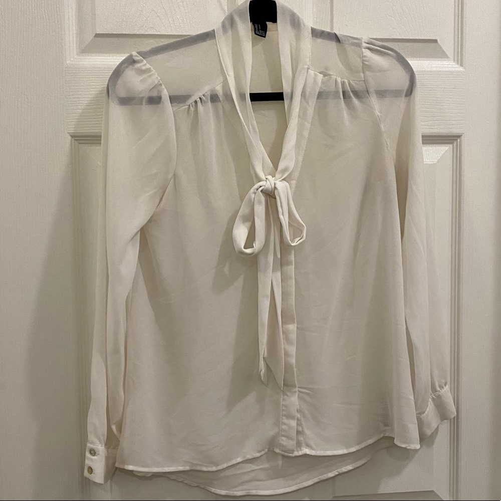 Sheer blouse with neck tie pussy bow